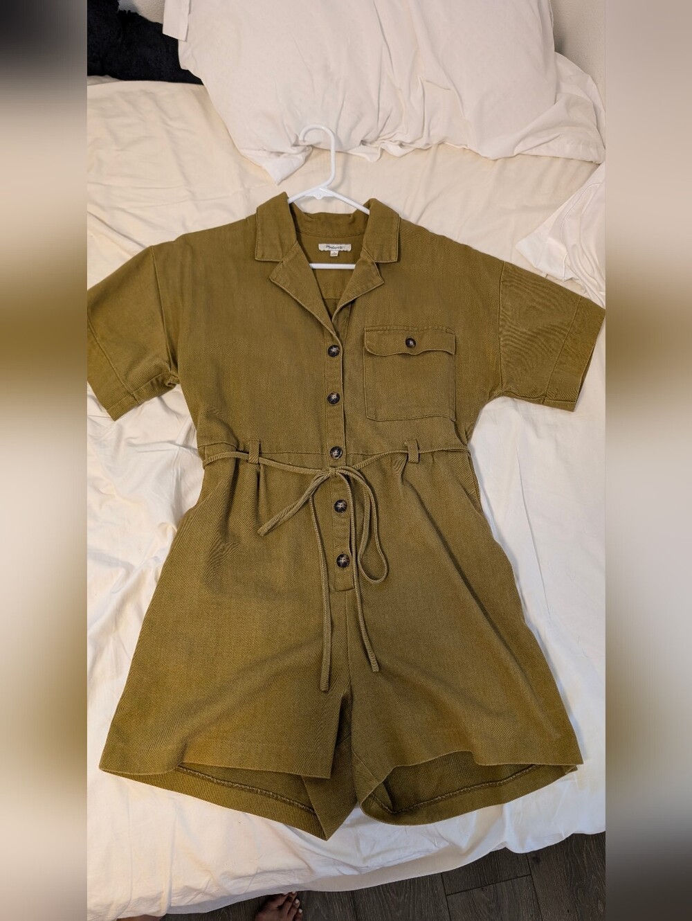 Madewell Button-Front Short Sleeve Safari Romper in Olive